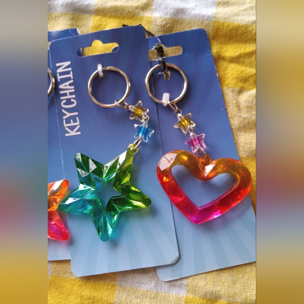 Iridescent Star & Heart Acrylic Keychain Set - Teal, Pink, Orange, Green - Picture 3 of 3
